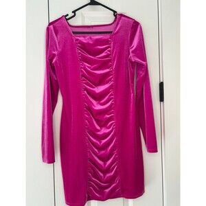 Hot Pink Velour Velvet Long Sleeve Bodycon Dress Womens Medium M